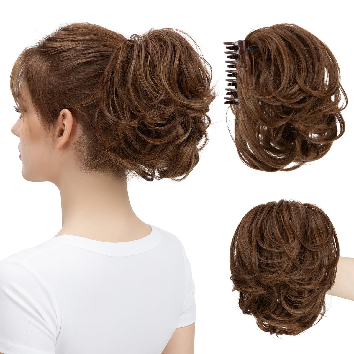 youngways Claw Clip Short Ponytail Messy Bun Hair Piece Bendable Hair Branch Extensions Fluffy Wavy Curly Synthetic Versatile Chocolate Multi Hairpieces