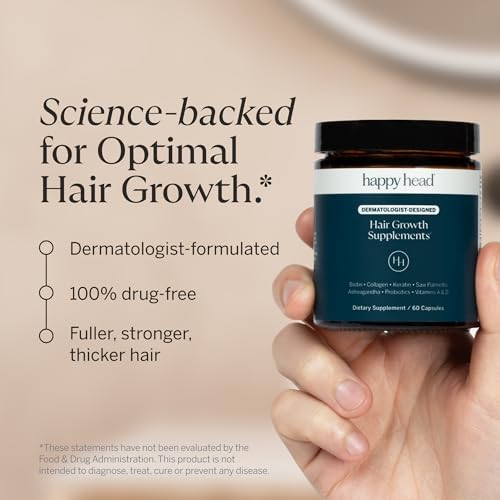 Happy Head Hair Growth Supplement for Men and Women – Thicker, Fuller Hair with Saw Palmetto, Ashwagandha, Biotin, Collagen, Keratin, Probiotics & Vitamins A & D – One Month Supply – 60/ct