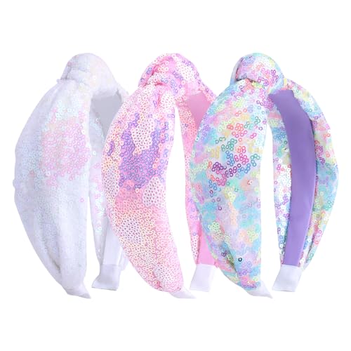 Fishown Sequin Headbands for Girls, 3 Pack Knotted Headband for Girls, Sparkly Girl Hair Bands Glitter Hair Accessories for Girl