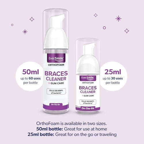 EverSmile OrthoFoam Braces Cleaner — Brushable Foam Whitens Teeth, Eliminates Bacteria, Fights Plaque and Bad Breath – Cleans Under Metal, Ceramic, Clear Brackets and Wires – 50ml