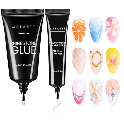 Makartt Nail Rhinestone Glue with 3D Gel Kit – Super Strong Nail Charm Glue & Sculpting Gel for DIY Nail Art, Drawing, Molding & Embossed Designs, Easy to Use for Nail Lovers & Beginners
