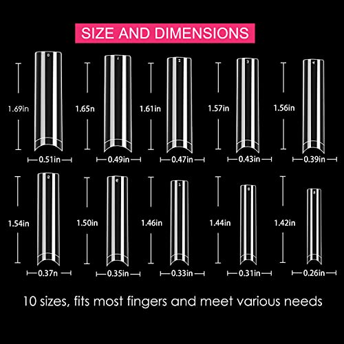 No C Curve Square Flat Nail Tips,SWETIDY 500Pcs XXL Extra Long Acrylic Clear Straight Tapered,Half Cover French Fake Nails for Nail Salon and DIY Nail Art 10 Sizes