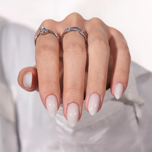 BTArtbox White Press On Nails Short - Soft Gel Press on Nails Almond, White Glue on Nails with Nail Glue, Reusable Stick on Nails in 16 Sizes, Cream Puff