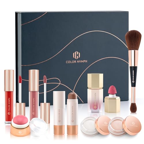Color Nymph Face Makeup Kits, Makeup Gift Sets For Girls Make up Gift Sets For Women With Lipgloss Liquid Blush Solid Blusher Highlighters Contour Stick and Double-ended Brush -Special Edition