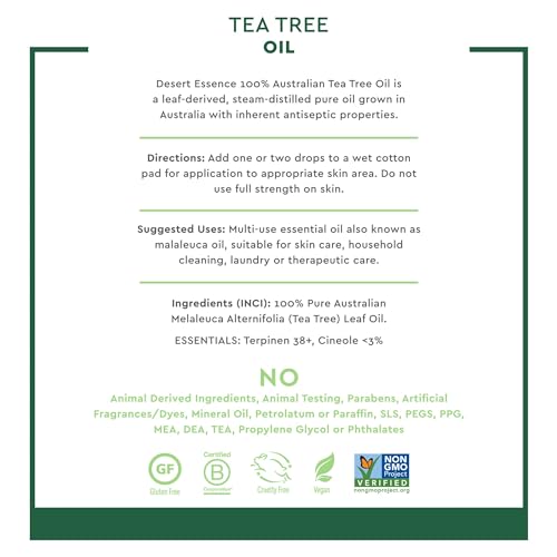 Desert Essence 100% Australian Tea Tree Oil Therapeutic Grade Essential Oil - Skin Cleansing, Clarifying, Soothing - Refreshing Air - Skin Care, Hair Care, Powerful Green Clean - Vegan, Non-GMO - 2oz