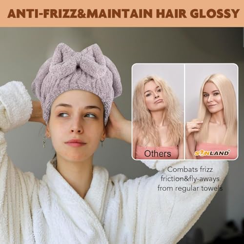 SUNLAND Large Microfiber Hair Drying Caps with Bow knot Fast Drying Shower Cap Soft and Absorbent hairWrap Hair Turban Bath Caps for Curly Thick and wet Hair 11 X 13.4 inch 2 Pack Purple