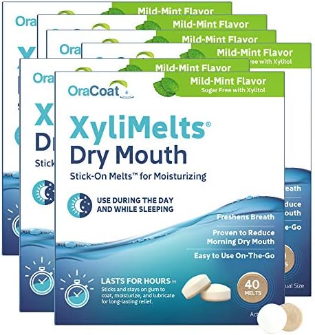 Oracoat XyliMelts for Dry Mouth Night Time or Day - Moisturizing Dry Mouth Adhering Discs, Sugar Free with Xylitol, 40 Count - 6 Pack, Mild Mint Flavor, 8-Hour Relief
