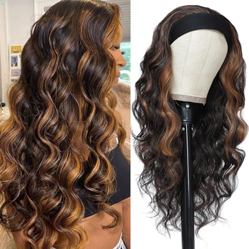 xccoco Long Wavy Headband Wig for Women Black Wigs with Brown Blonde Highlight 200% Denisty Headband Wigs Put On and Go Glueless Wig Long Synthetic Wig for Women Party Daliy Use