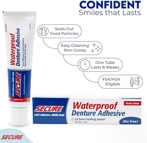 Secure Waterproof Denture Adhesive - Zinc Free - Extra Strong 12 Hour Hold - 1.4 oz (Pack of 2)