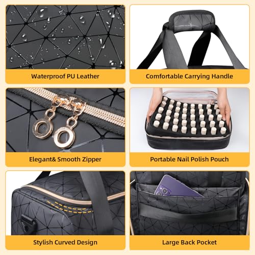Rolling Nail Polish Organizer Bag Holds 80 Bottles (15ml/0.5fl.Oz)& Nail Lamp, PU Leather Nail Supplies Organizer Case with Detachable Trolley, Extra Large Nail Kit Storage with Wheels (Black)