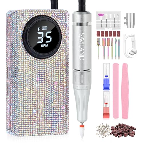SAVILAND Professionl Nail Drill Kit: Diamond Shiny | 35000RPM Electric Nail Drill Machine | Professional Drill Bits Drill Nail File Buffer Dust Brush Expert Salon Use Manicure Pedicure