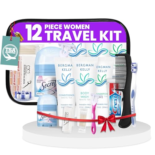 Trektote Travel Toiletry Kit For Women – (50 Pack) 12 Piece Set Of Travel Size Toiletries, TSA Compliant, Travel Essentials, Includes Shampoo And Conditioner, Body Wash, Toiletry Bag & More