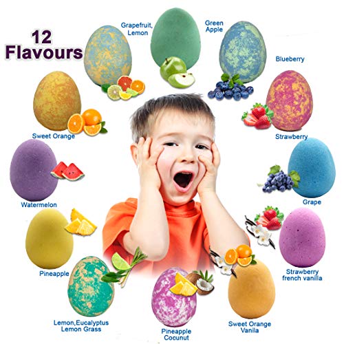 Bath Bombs for Kids with Surprise Inside - 12 Organic Bubble Bath Fizzies with Dragon Egg Toys. Gentle & Kids Friendly w/Rich Bubbles & Rainbow Colors, Birthday Gifts for Boys, Girls