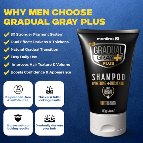 Menfirst - Gradual Gray PLUS Shampoo - Darkening + Thickening - Hair Dye Shampoo, Intense Pigment, Gray Coverage, Natural Finish, Easy 3-Min Application, 4.6 oz