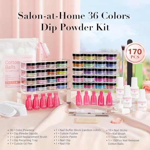 AZUREBEAUTY 170Pcs Dip Powder Nail Kit, 36 Color Neon Bright Blue Yellow with Dipping Powder Base/top Coat Activator Liquid Set & Removel Kit for French Nail Art Salon DIY Home