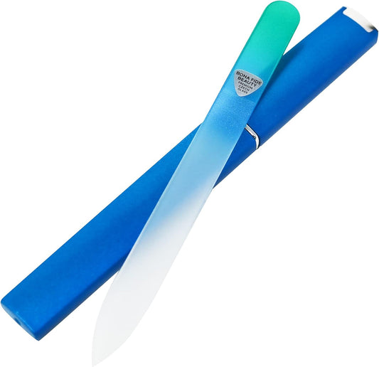 Bona Fide Beauty Glass Nail File with Case (Aqua) - 1 Piece Luxurious Gifts for Women, Crystal Etched Nail File for Natural Nails