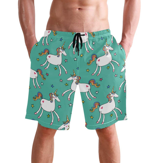 visesunny Summer Style White Unicorn with Heart Men's Beach Shorts Swim Trunks Sports Running Bathing Suits with Mesh Lining