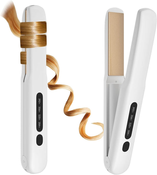 Cordless Hair Straightener and Curler 2 in 1, Titanium Flat Iron with Fast Heating, 4 Adjustable Temperature, Rechargeable Straightener for All Hair Types, Portable Styler for Travel (White)