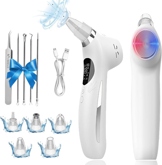 Blackhead Remover Vacuum Face Suction Pore Cleaner with Hot&Cold Compress Positive&Negative Ion Massage Nose Whitehead Remover Pimple Sucker with 5 Probes Pore Extractor Tool… (White)