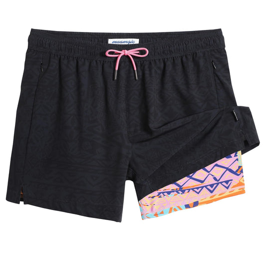 maamgic Mens Swim Trunks with Compression Liner 5" Stretch Athletic Swimming shorts Quick Dry with Zipper Pockets No-Chafing Board Shorts Totem X-Small