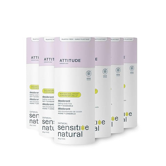 ATTITUDE Baking Soda Free Deodorant for Sensitive Skin with Oatmeal and Chamomile, EWG Verified, Aluminum Free, Plastic-Free, 3 Ounces (Pack of 6)