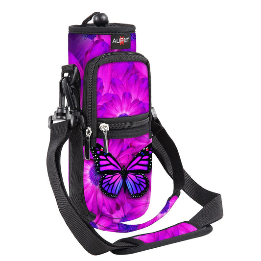 AUPET Water Bottle Sling Bag Sleeve Holder Carrier 25/32/40/64 oz,Insulated Crossbody Water Bottle Case Cover with Strap and Pockets for Men/Women Walking Hiking Camping (25oz, butterflys)