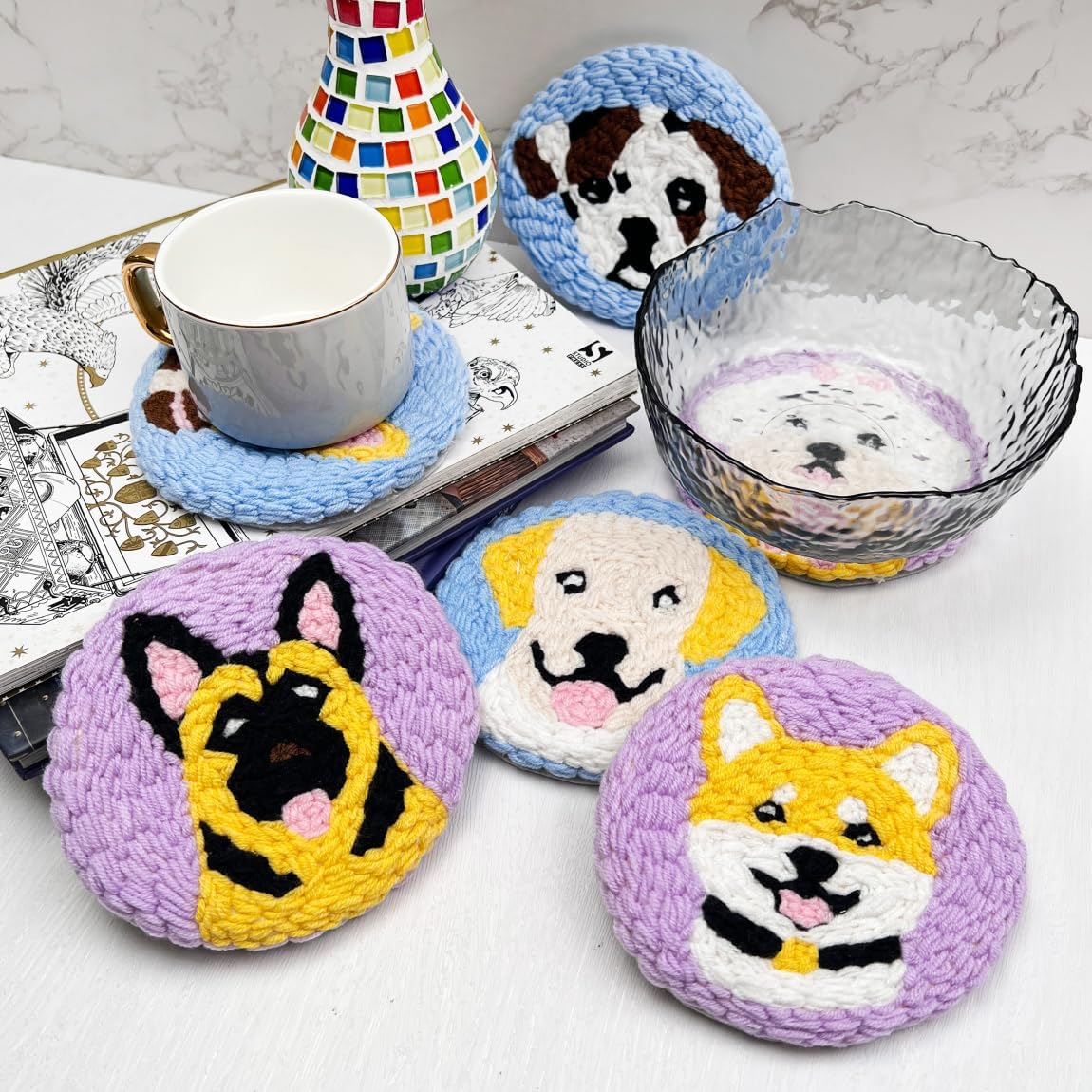 Punch Needle Kit for Adults Beginners, 6-Piece Cute Dog Punch Coaster Starter Kit – Easy Embroidery Stitch Craft Set with Instructions – Fun Needle Point Tufting for Table Decor & Festival Gifts