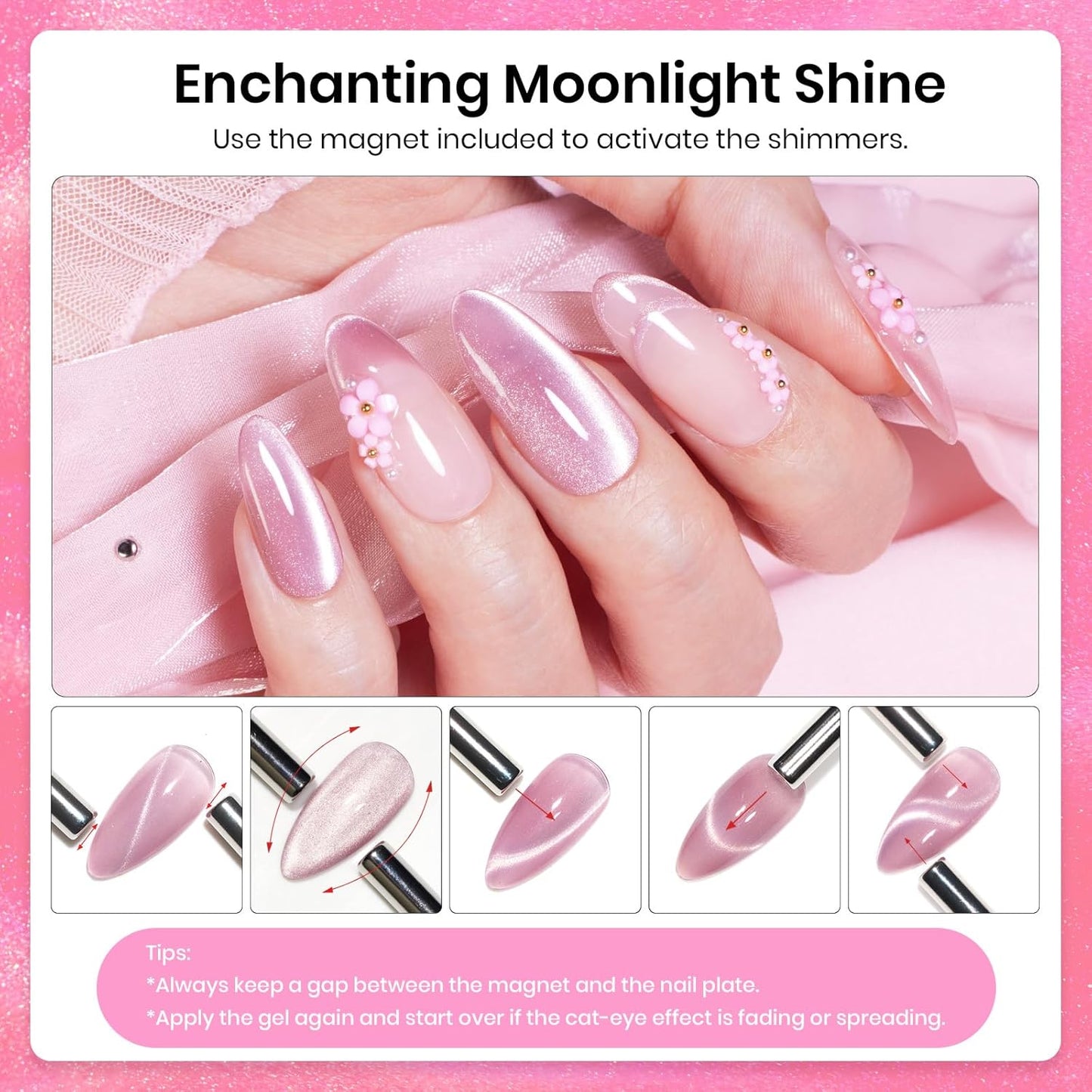 Beetles Cat Eye Gel Nail Polish, 15ML Pink Cat Eye Glitter Gel Nail Polish Holographic Pink Cat Eye Magnetic Reflective Translucent Gel Polish Nail Art DIY at Home
