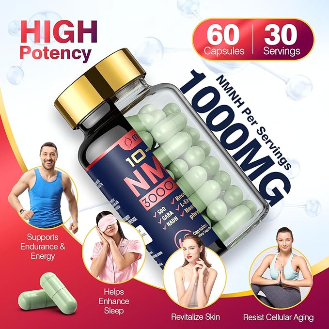 NMNH (Dihydronicotinamide Mononucleotide), 1000mg Per Serving NAD High Purity Supplement Alternative, Capsules Gluten Free, Non-GMO, for Anti-Aging, Energy, Focus - 057