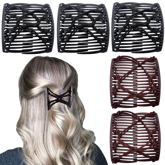 5 Pieces Elastic Magic Hair Comb Stretchy Double Comb Hair Forks Clips for Women Girls Vintage Hairstyle Multipurpose Hair Accessories (Black, Brown)