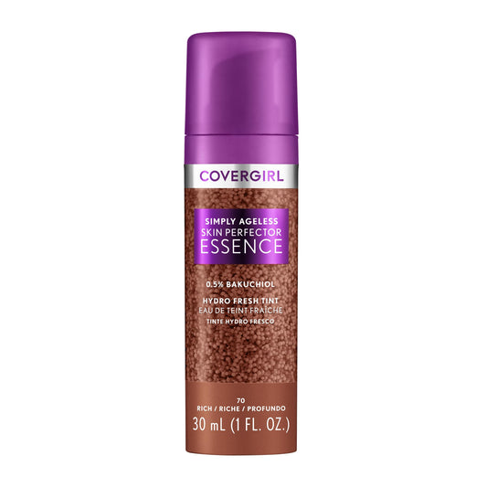 Covergirl Simply Ageless Skin Perfector Essence Foundation, 70 Rich, Tinted Skin Perfector, Skincare Makeup Hybrid, Sheer Tint, Radiant Finish, Skin-Like Finish, Vegan Formula, 1.0oz