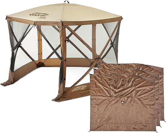 CLAM Venture 9 x 9 Foot Portable Outdoor Gazebo Canopy Camping Tent Shelter, with 3 Wind and Sun Panels and Carry Bag Accessory, Brown