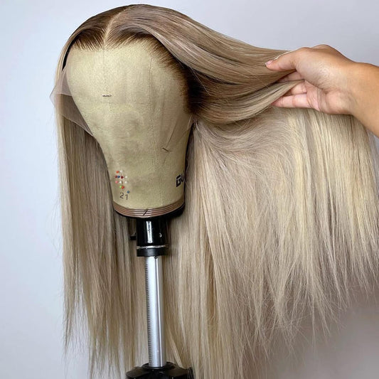 Ash Blonde Wig Human Hair 13x4 Transparent Lace Front Wigs Human Hair 200% Density Ash Blonde Straight Lace Front Wigs for Black Women Pre Plucked Dark Brown Roots Platinum HD Lace Frontal Wig 28 Inch