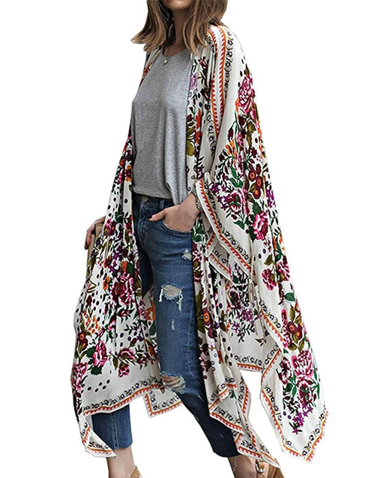 Womens Summer Chiffon Kimono Cardigan 3/4 Sleeve Sheer Loose Beach Cover up S