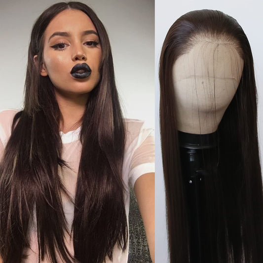 BTWTRY Dark Brown Synthetic Lace Front Wig Long Straight Chocolate Brown Lace Front Synthetic Wig Pre Plucked Natural Hairline Glueless Heat Resistant Fiber Hair Wig for Fashion Women