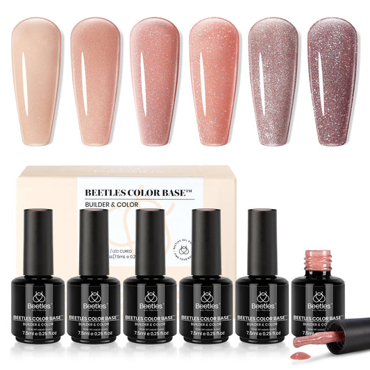 Beetles Rubber Base Color Gel Nail Polish, 6 Colors 5 IN 1 Nude Rubber Base Gel Neutral Sheer Pink Peach Glitter Gel Nail Polish for Thin Nails Soak Off Nail Art Design Gifs for Women