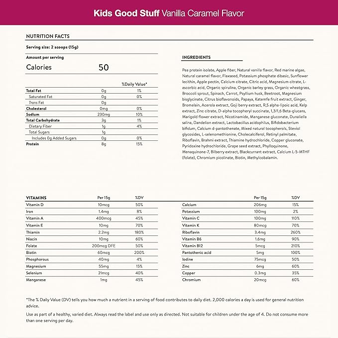 Nuzest - Kids Good Stuff - Vegan Smoothie Mix - Vanilla Caramel - Multivitamin Nutritional Supplement Protein Shake - Dairy Free - Supporting Growth and Development - 0.5 Oz (1 Serving)