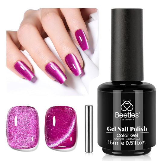 Beetles Hot Pink Gel Nail Polish - 15ML Summer Hot Pink Cat Eye Glitter Gel Polish with Magnet Soak Off UV Shimmer Velvet Gel Berry Stardust Series French Nail Art Manicure Gifts for Women