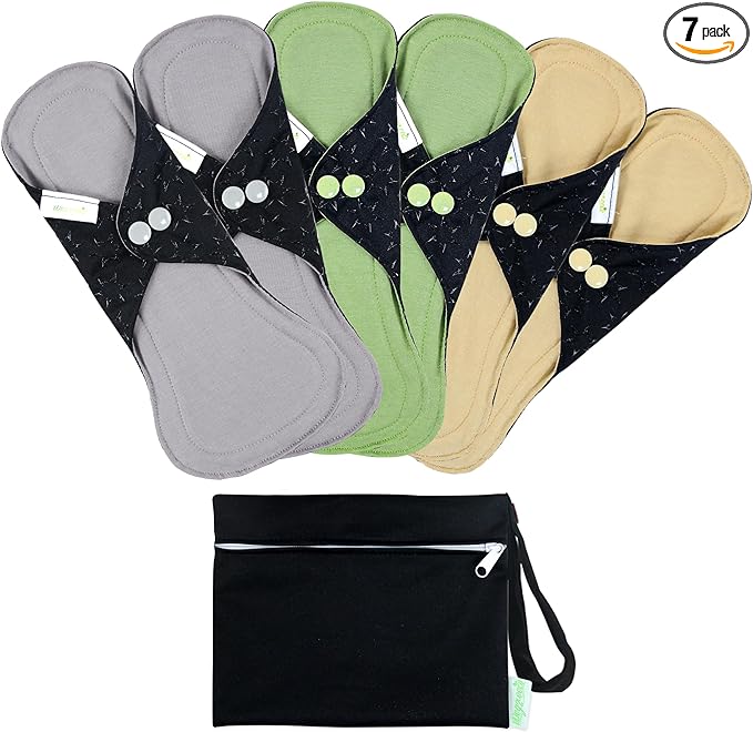 wegreeco 6 Pcs Reusable Menstrual Pads, Ultra Absorbent Cloth Pads for Heavy Flow, Sanitary for Teens, Women, Nonslip Panty Liners + Bag (Mustard Yellow, Grey, Beige, S)