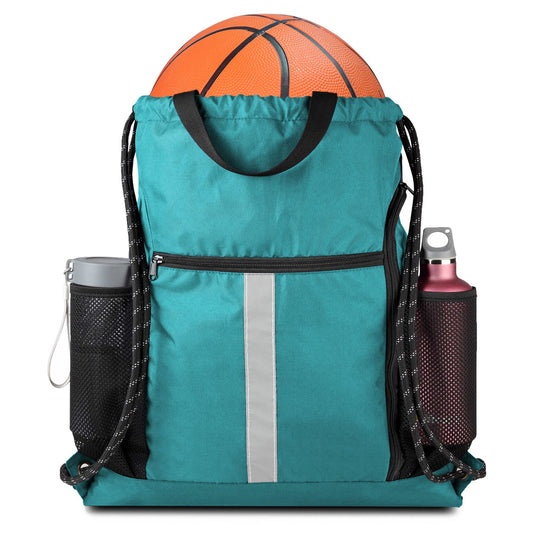 BeeGreen Teal String Backpack Bag Cinch Sack with Shoe Compartment and Two Zipper Pockets and Two Side Mesh Pockets Lightweight Large Drawstring Gym Sackpack for Men and Women