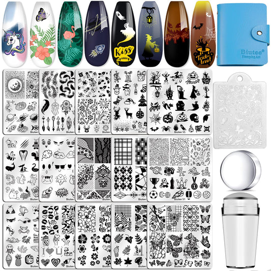 Biutee Nail Stamping Plates Set 15PCS Nail Art Stamper Scraper Nail Art Stamping Kit with Storage Bag Gift Box Nail Stamp Template Kit Lace Flower Butterfly Star Christmas Halloween Holiday Design