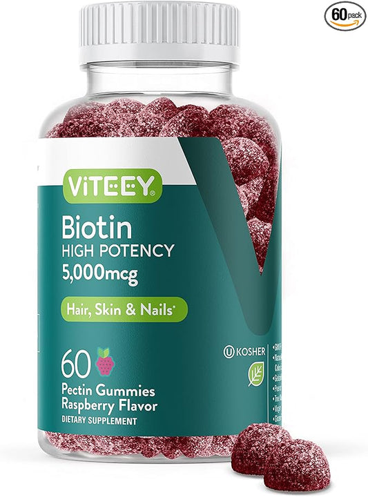 Biotin Gummies for Hair Skin Nails 5,000mcg - Hair Growth Gummies, Healthy Skin Glow, Strong Healthy Nail Growth - Vegan, Gluten Free, Gelatin Free, GMO Free - Tasty Chewable Raspberry Flavor