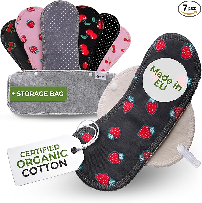 Organic Cotton Reusable Panty Liners for Women & Teens (Medium, 7-Pack); High-Temp Washable Cloth Liners Made in EU; Stay Fresh & Dry, for Daily Vaginal Discharge Only; 100% Breathable (no PUL/TPU)