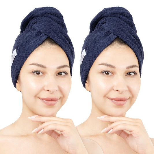 American Soft Linen 100% Cotton Hair Towels for Women, Head Towel Cap, Cotton Hair Turban Towel Wrap for Long Curly Anti Frizz Hair, Soft and Absorbent Cotton Hair Towels 2 Pack, Navy Blue