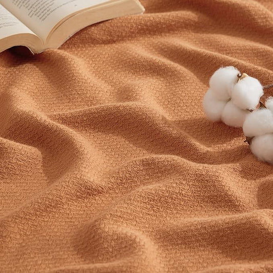 Bedsure 100% Cotton Blanket Queen Size for Bed - Breathable and Lightweight, Soft Cozy Textured Herringbone Woven Blanket for Summer Spring, Burnt Orange, 90x90 inches