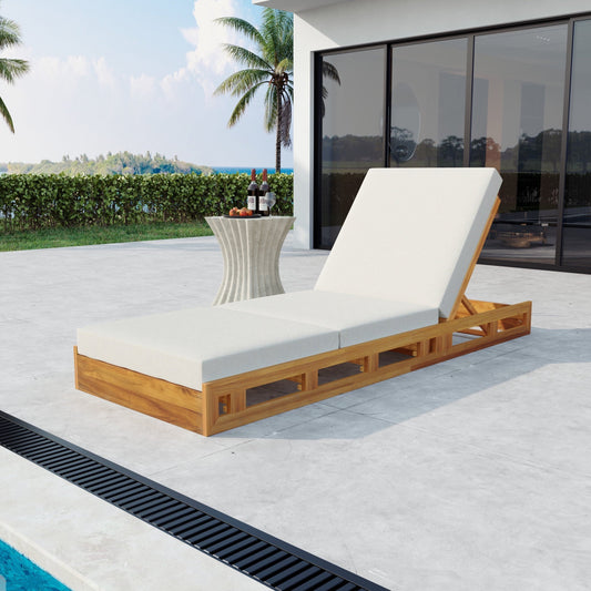 Christopher Knight Home Outdoor Wood Chaise Lounge with Adjustable Backrest, Tri-folding Cushion, Cream