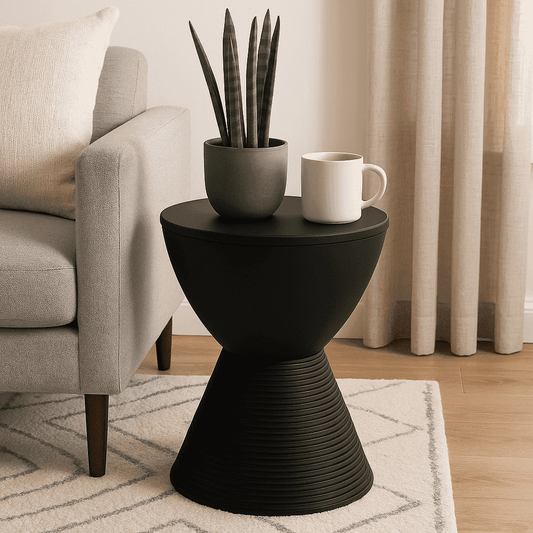 LeisureMod Ribbed Hourglass Side Table with Storage – ABS Drum Accent Table, Removable Lid, Indoor/Outdoor Use – Boyd Series