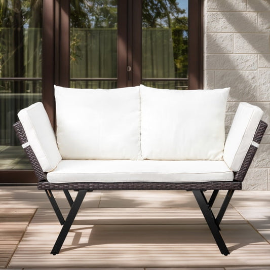 Outdoor Sofa, Woven Rattan Patio Furniture, Convertible Daybed or Double Chair with Adjustable Armrests, Cushions and Pillows for Yard Porch Pool