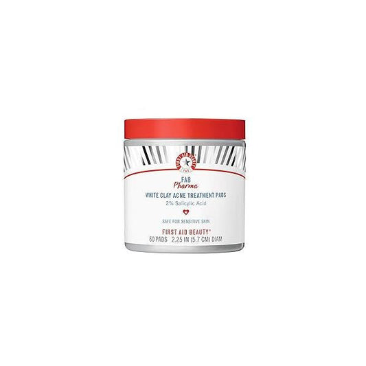 First Aid Beauty - FAB Pharma White Clay Acne Treatment Pads with 2% Salicylic Acid, Daily Compostable Exfoliating for Breakouts, Whiteheads, Blackheads and Acne, Safe Sensitive Skin, 60 ct