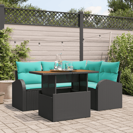 vidaXL 5 Piece Garden Sofa Set with Cushions Black Poly Rattan Acacia